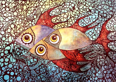 Mullu challwa | pescado coralino | 70 x 50 | Copyright URPI, 2015 Ligero y fluido como el nado de los peces así me deslizo en el agua en un mar de alegría de fantasía y de colores Leicht und schwebend wie Fische gleite ich durchs Wasser in einem Meer aus Freude Phantasie und Farben